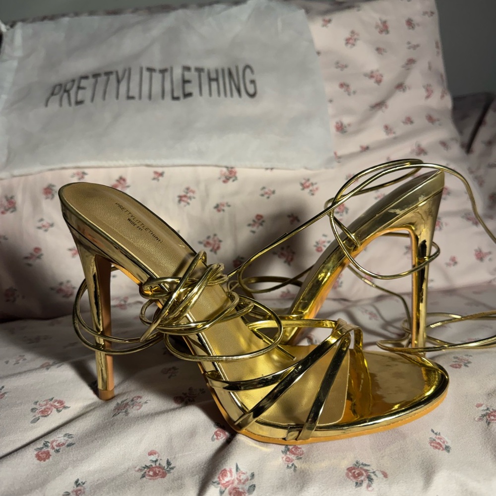 PrettyLittleThing Shiny Gold Strappy Heels
